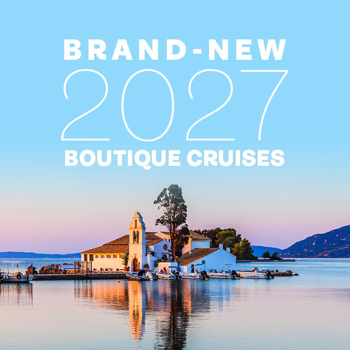 The words brand-new 2027 boutique cruises overlaid on an image of Mouse Island, Corfu